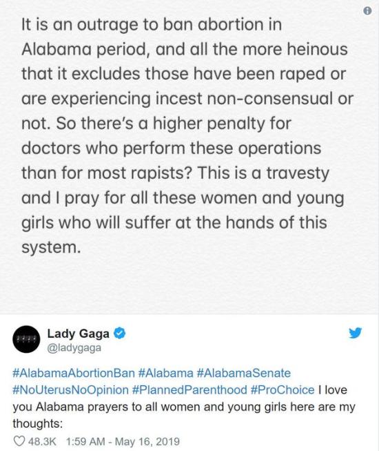 Lady Gaga反对美国亚拉巴马州反堕胎法案